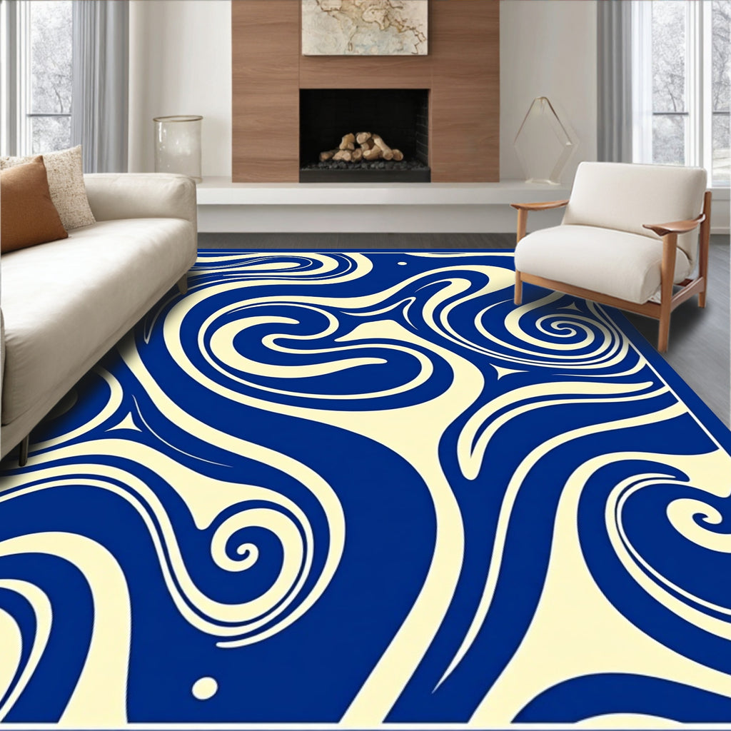 Dynamic Blue Cream Swirl Pattern Rug