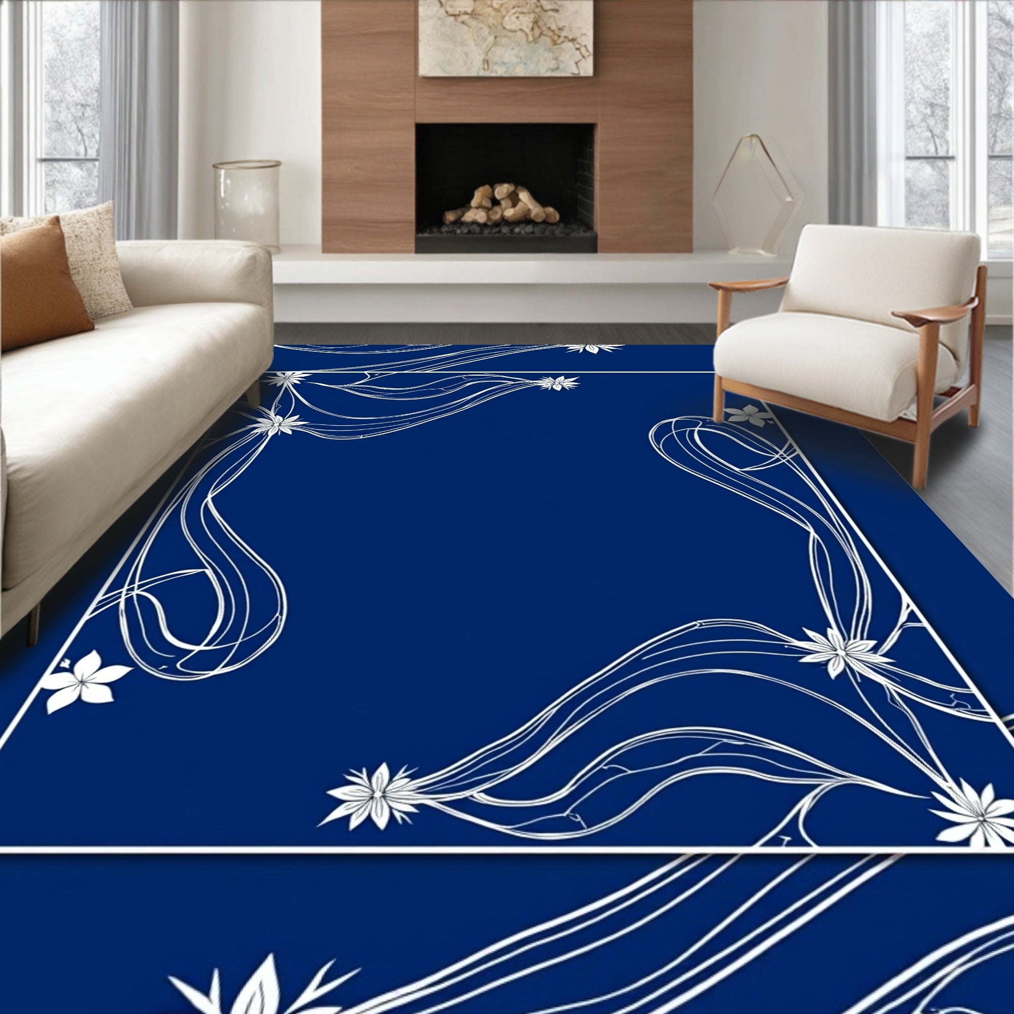 Elegant Floral Swirls Navy Rug