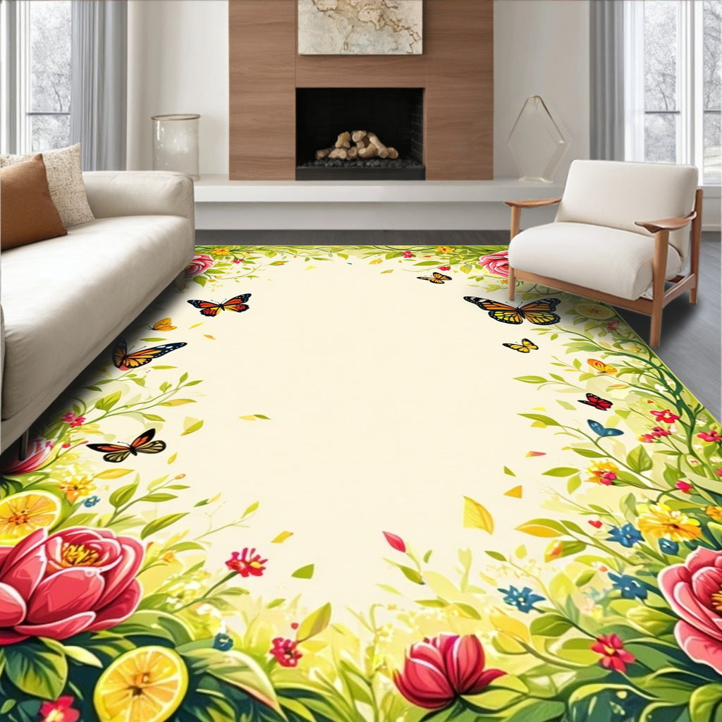 Vibrant Blossom Butterfly Surround Art Rug