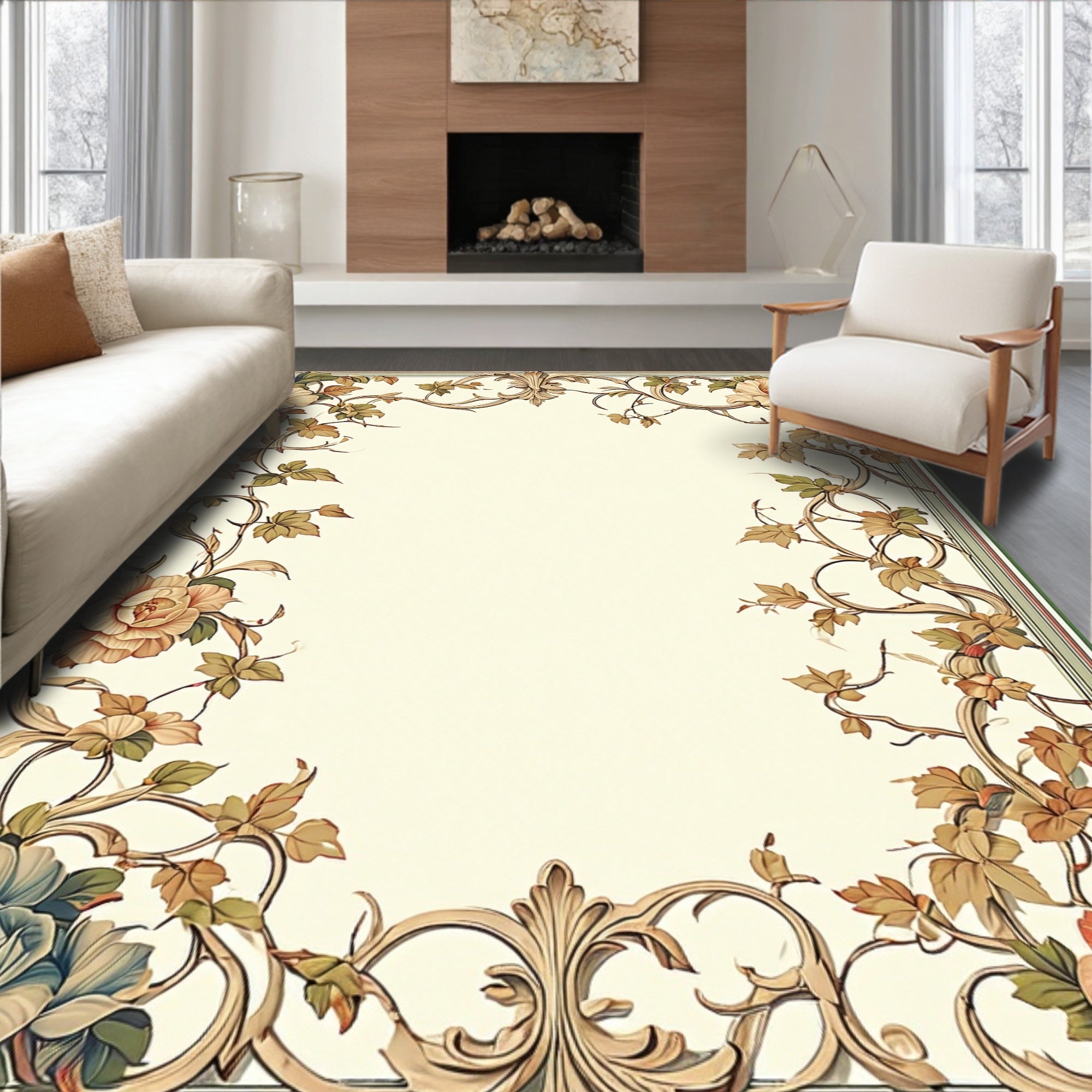 Ornate Floral and Vine Scrollwork Design Rug