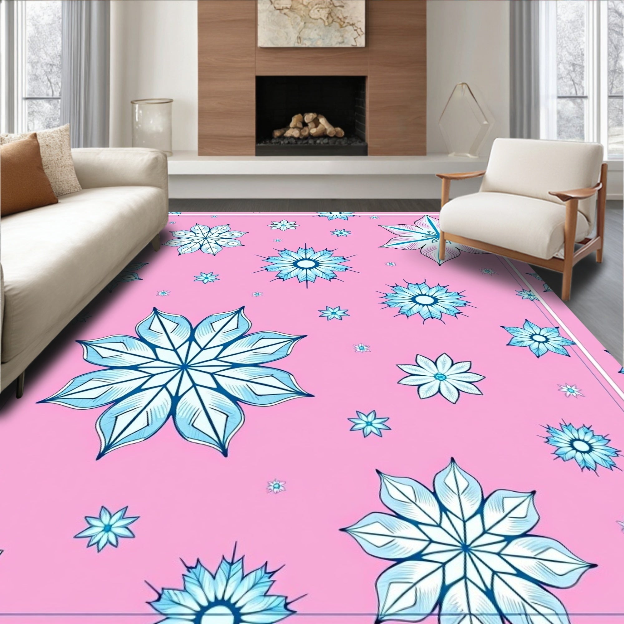 Pink Blue Floral Medallion Scattered Rug