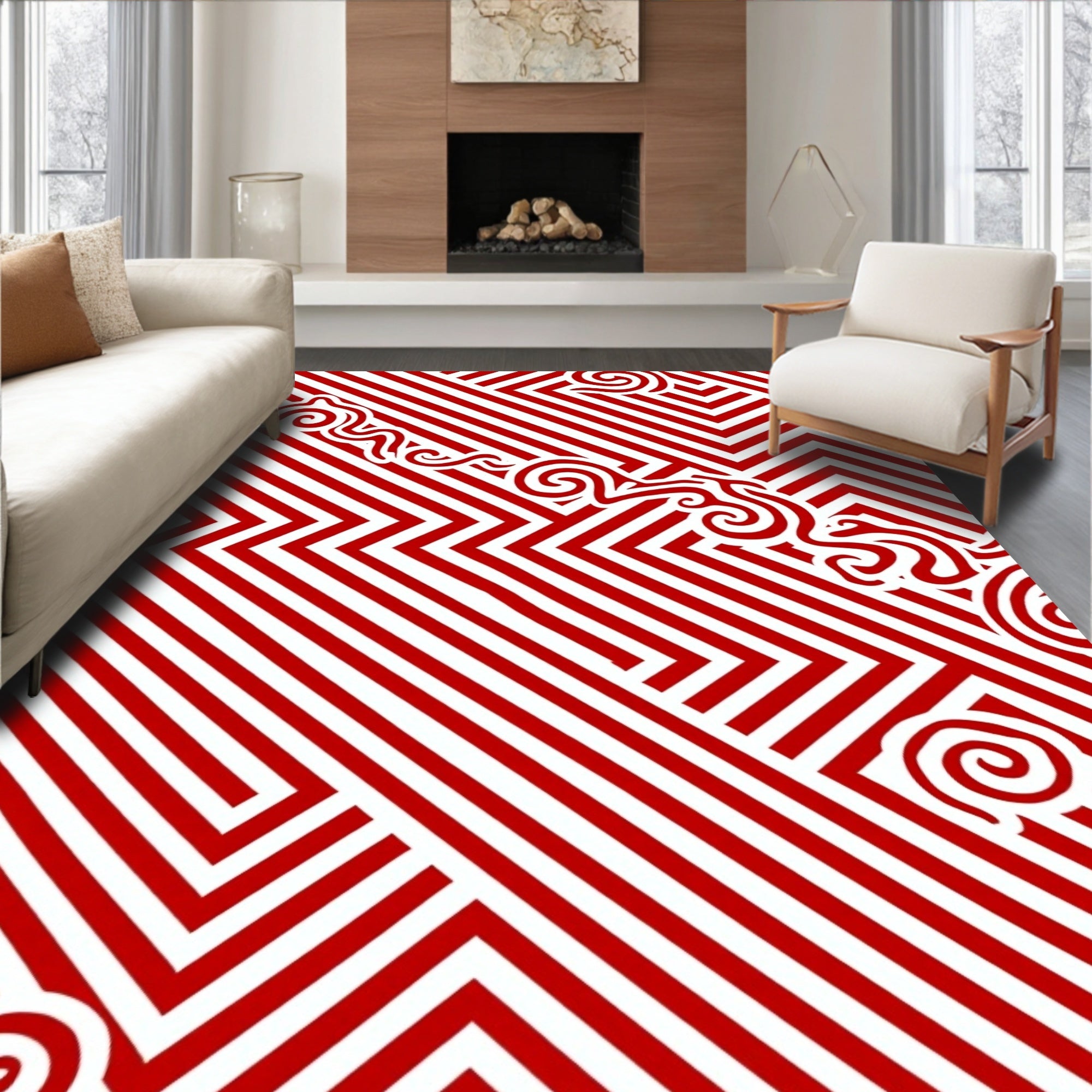 Dynamic Red White Swirl Geometric Rug