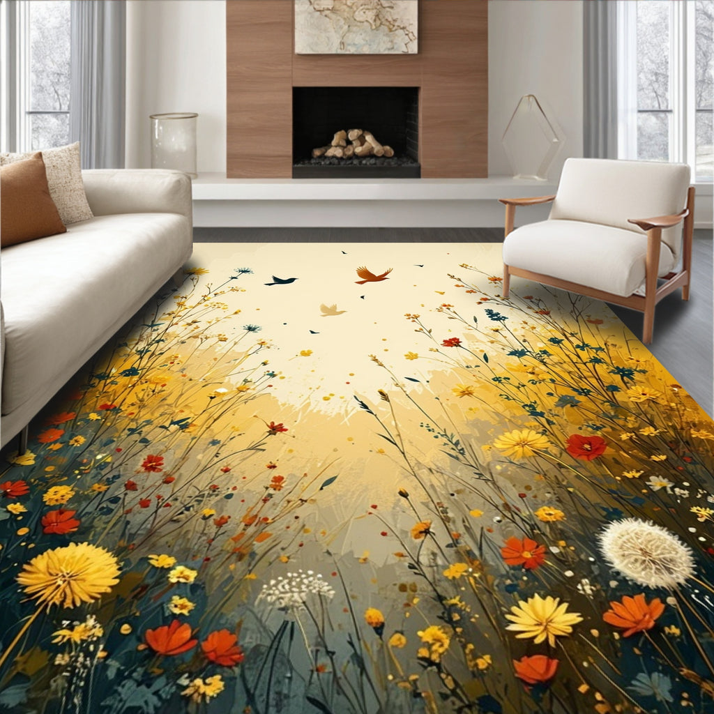 Wildflowers and Birds Impressionist Artwork Rug