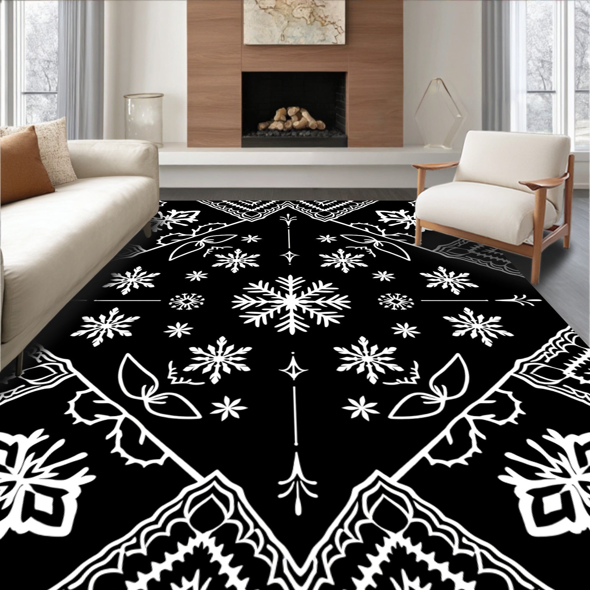 Black White Snowflake Mandala Tapestry Rug