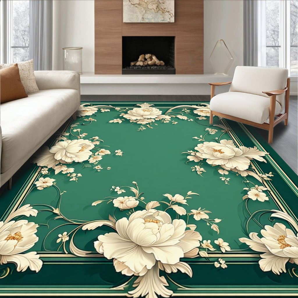 Elegant Floral Scrollwork With Cream Blossoms Rug