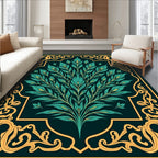 Emerald Leafy Swirls Golden Frame Design Rug