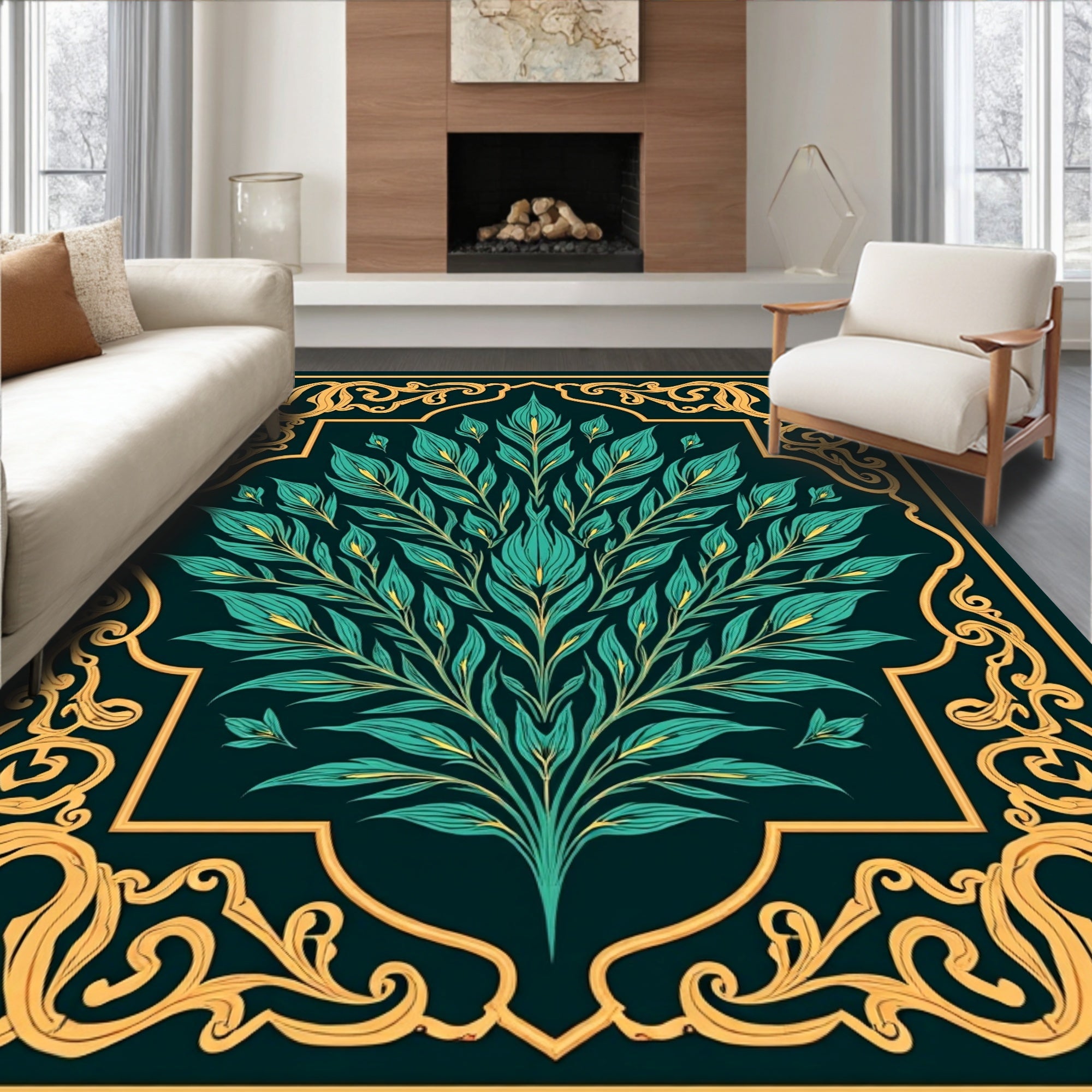 Emerald Leafy Swirls Golden Frame Design Rug