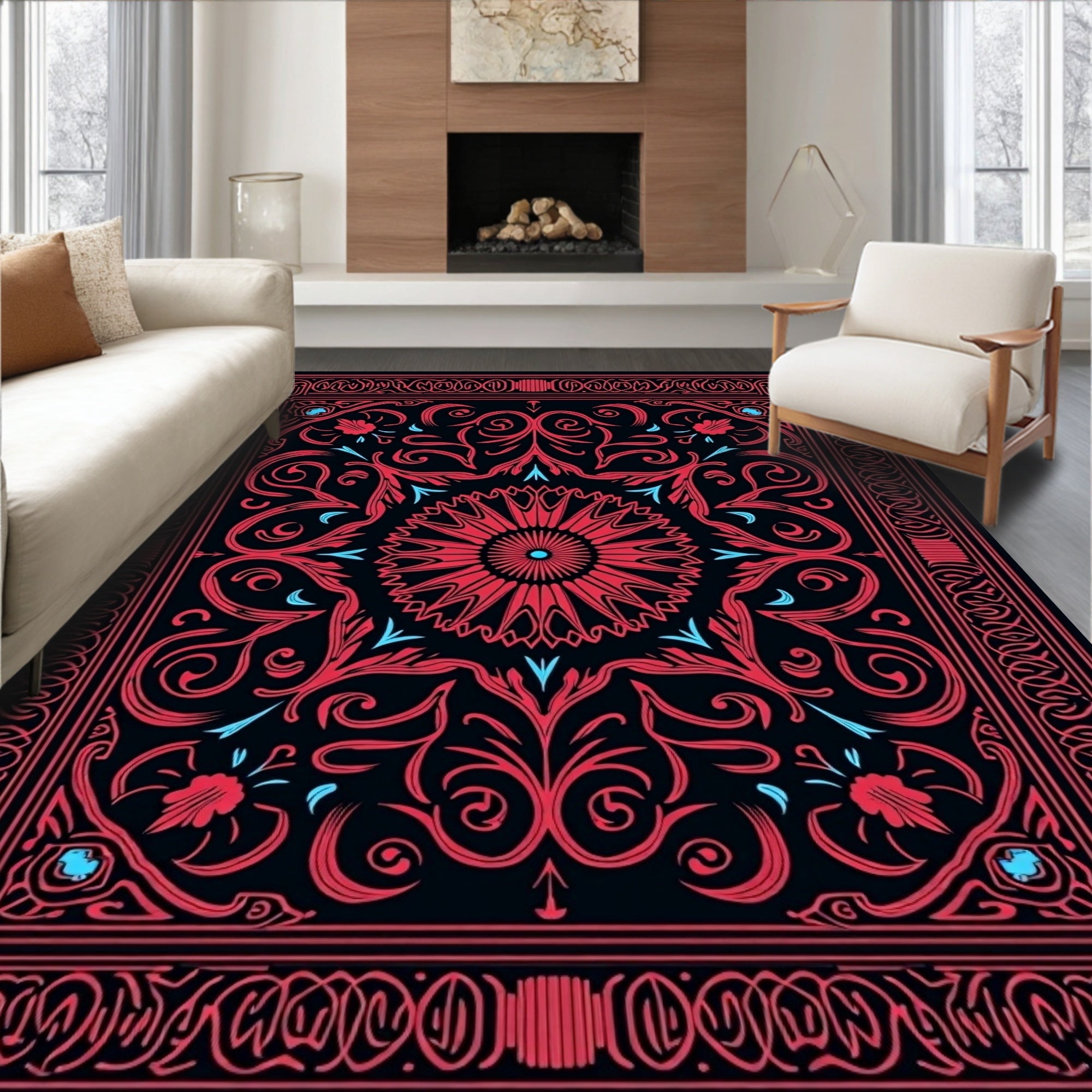 Red Floral Mandala Pattern Rug