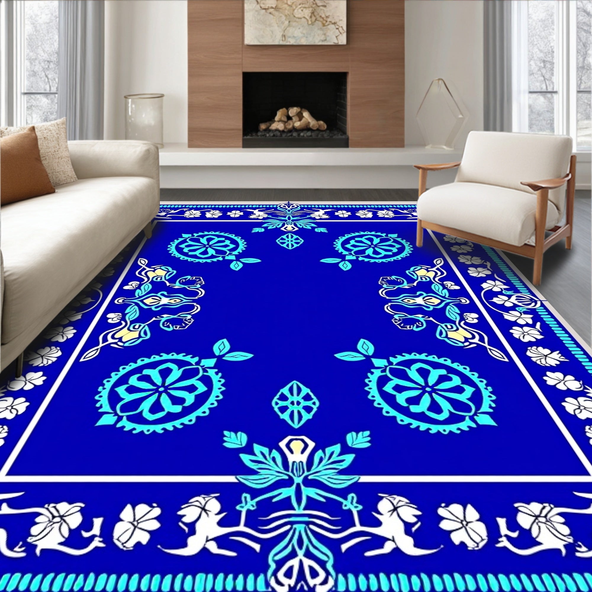 Vibrant Blue Floral Medallion Pattern Rug