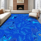 Whimsical Blue Animals Leaves Pattern Rug