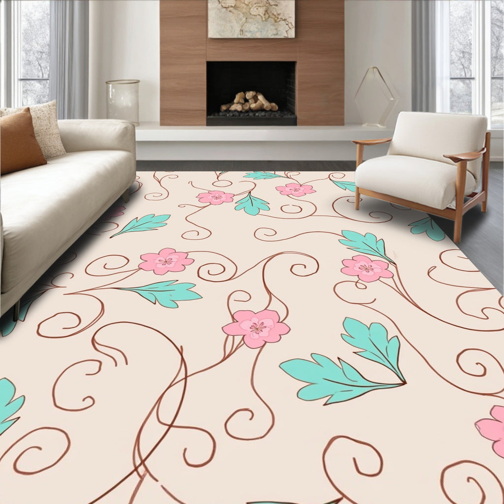 Delicate Pink Floral Swirls Pattern Rug