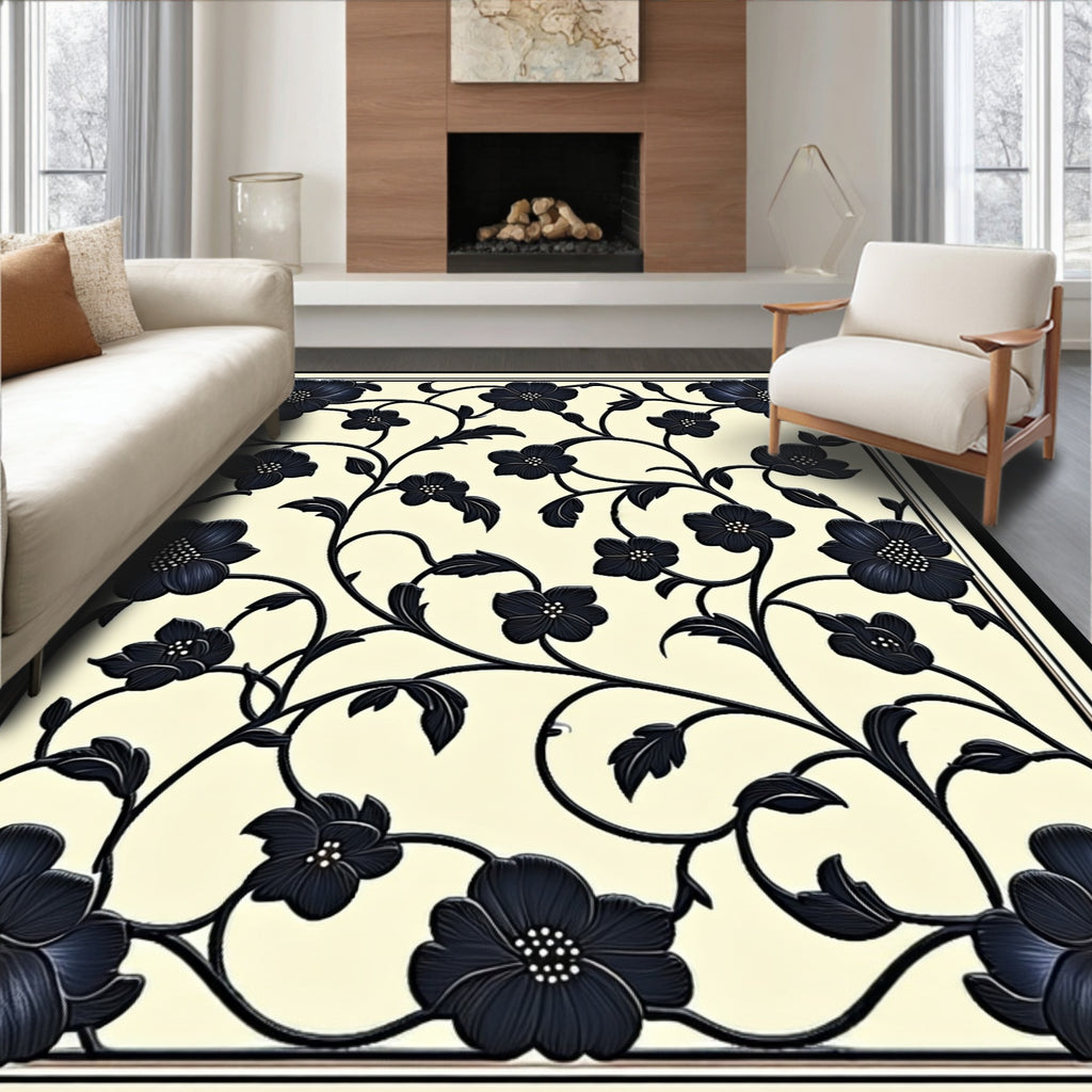 Elegant Black Floral Vine Pattern Rug