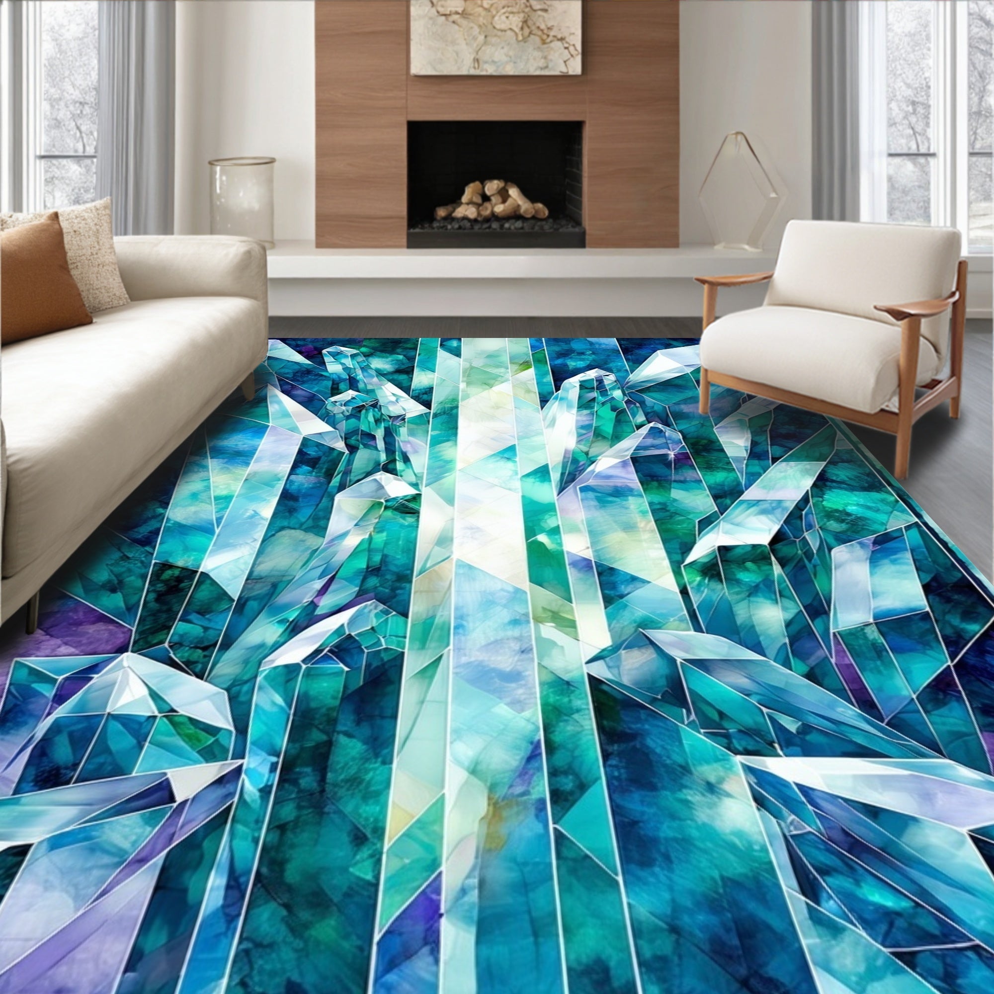 Cool Blue Crystal Geometric Design Rug