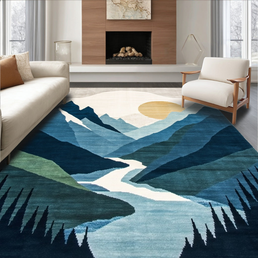 Abstract Blue Mountain Sunset Tapestry Rug