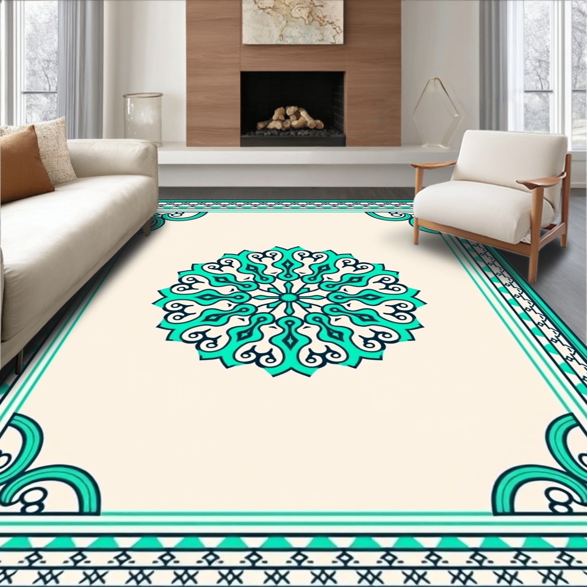 Teal Mandala Floral Border Rug