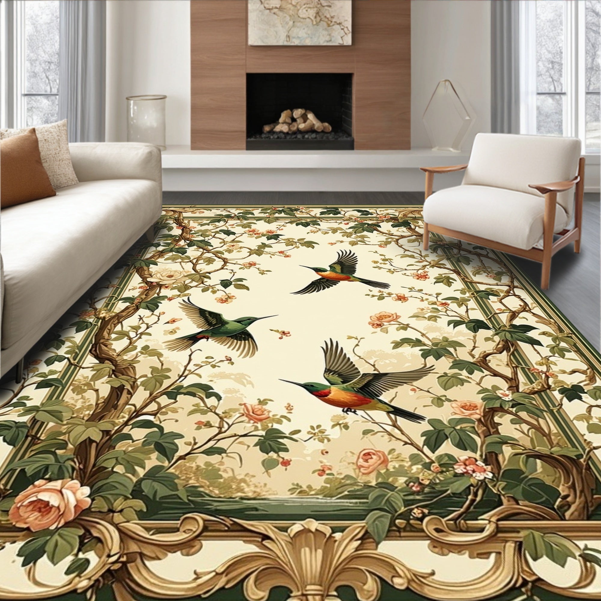 Bird Floral Nature Inspired Pattern Rug