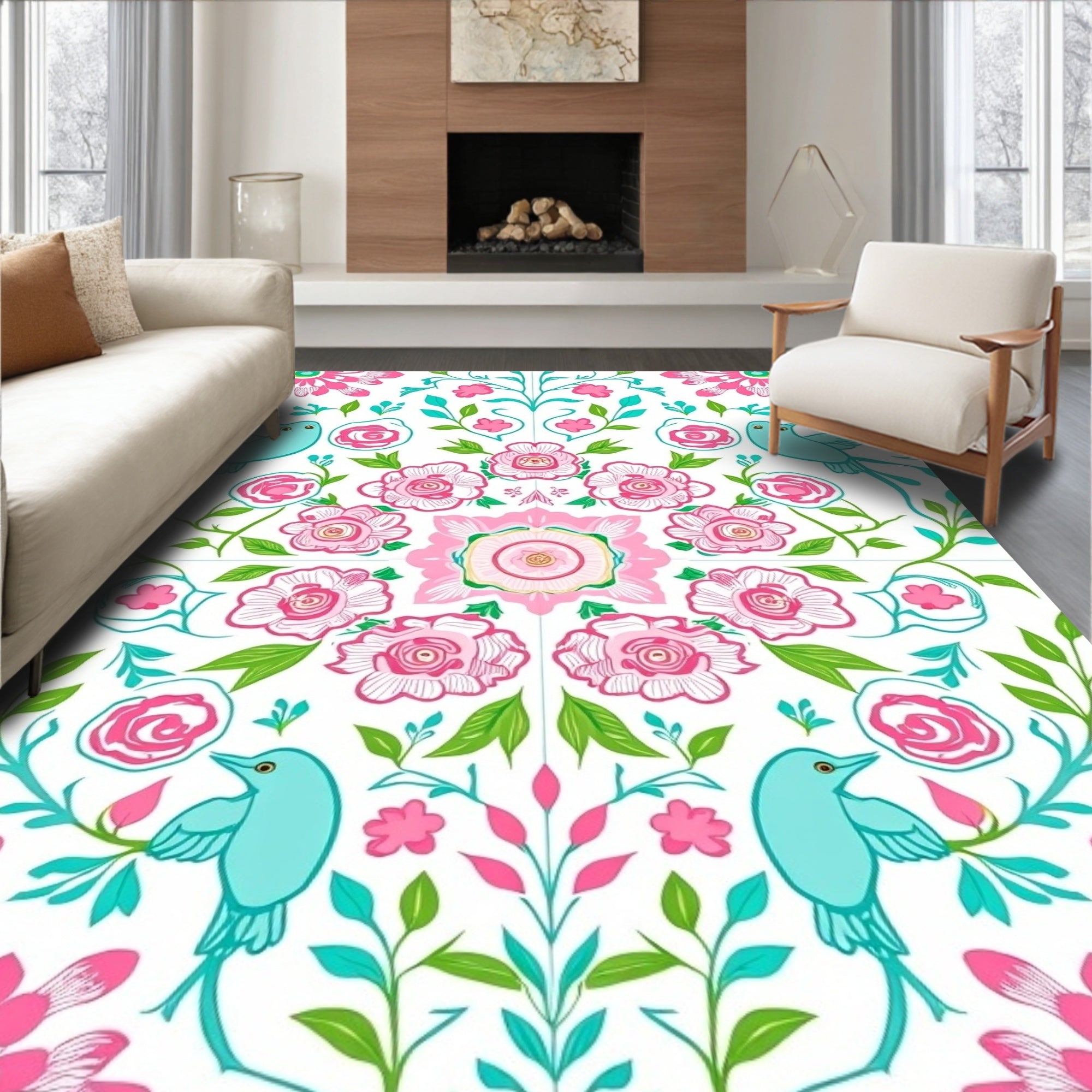 Pink Floral Birds Pattern Rug