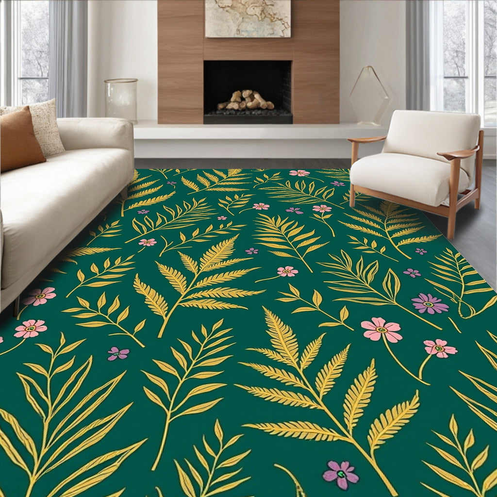 Fern and Floral Patterned Emerald Rug