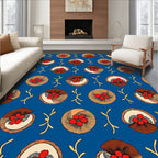 Red Floral Circles on Blue Background Rug