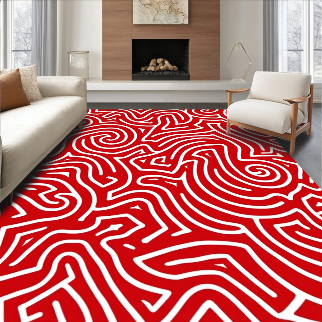 Red White Swirl Abstract Pattern Rug