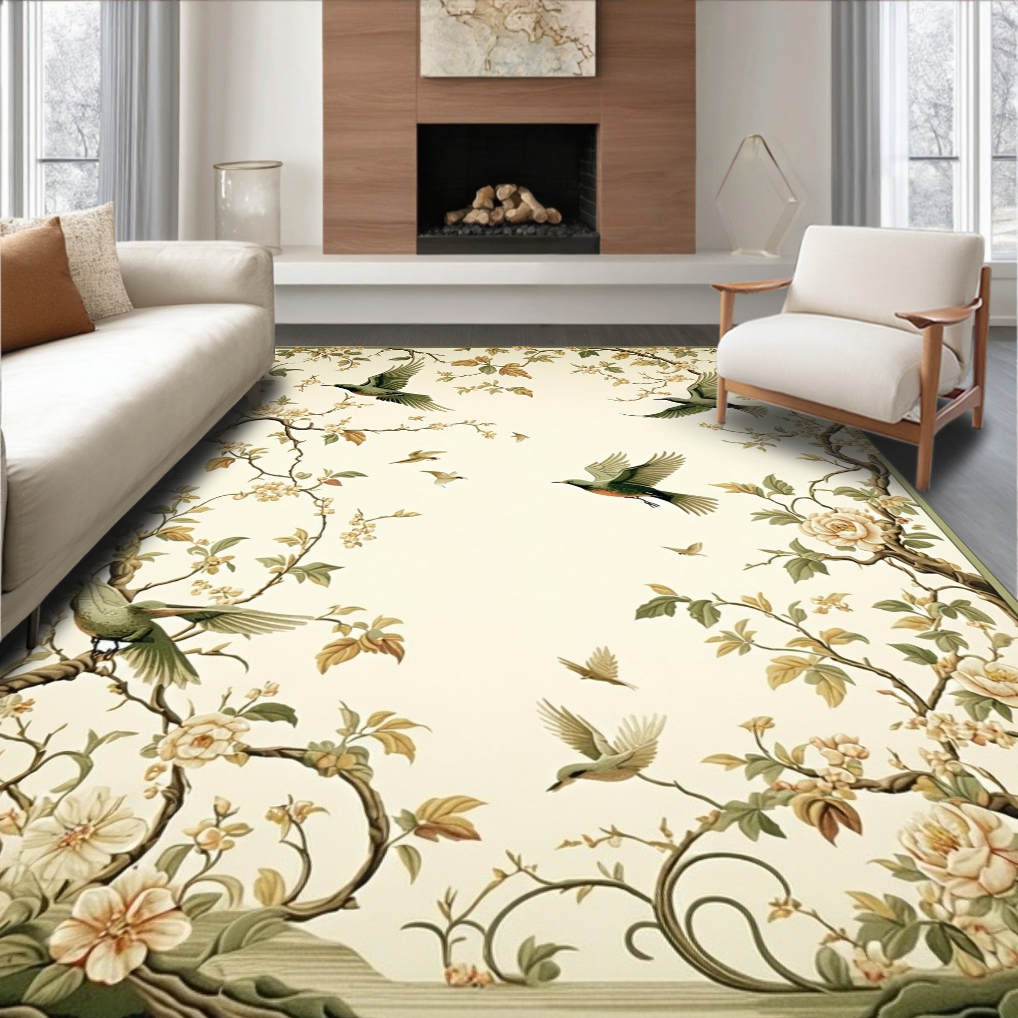 Elegant Birds Blossoms Landscape Rug