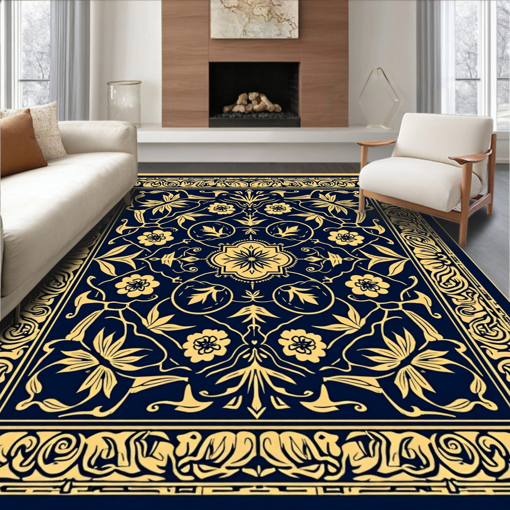 Elegant Floral Patterned Indigo Rug