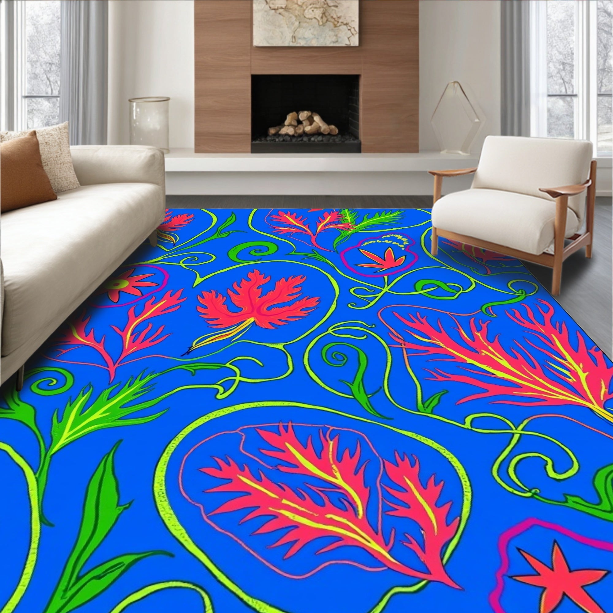 Vibrant Coral Floral Swirl Pattern Rug