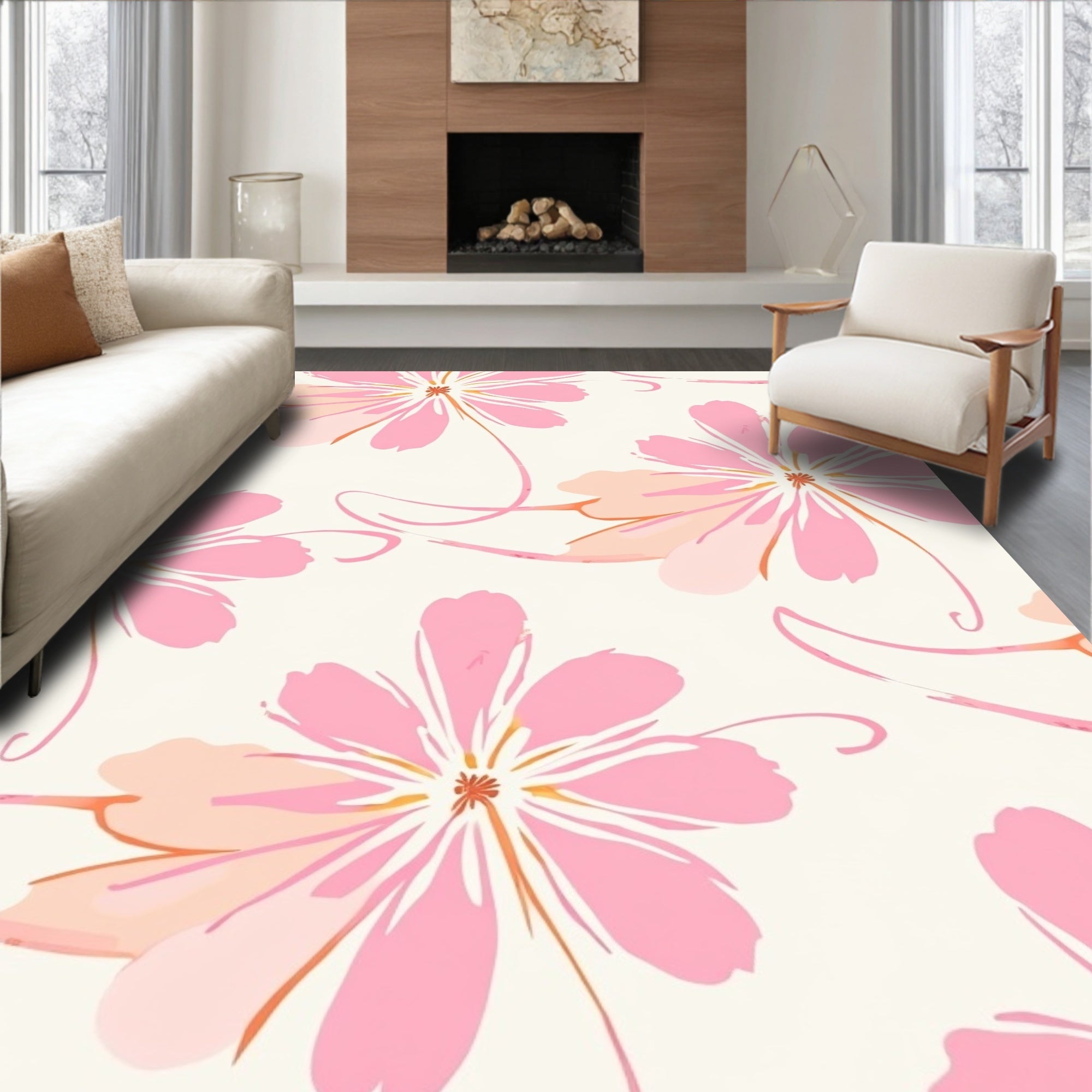 Delicate Pink Floral Swirl Pattern Rug