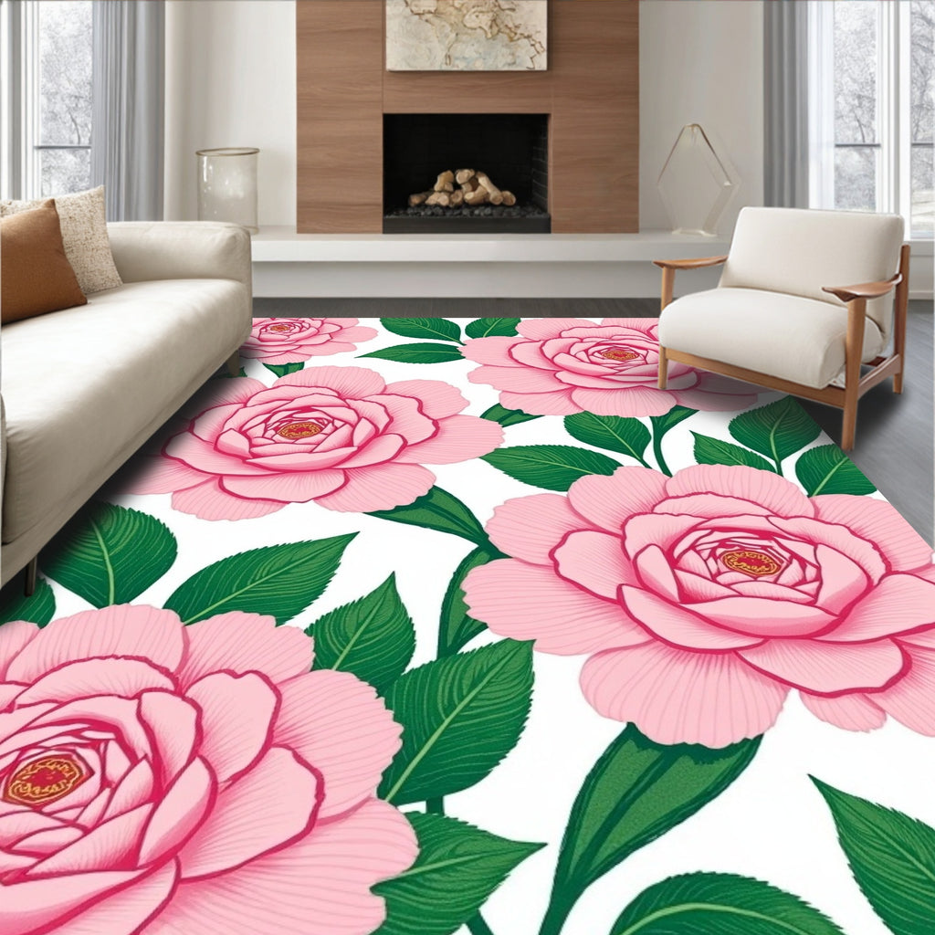 Pink Camellia Floral Pattern Rug