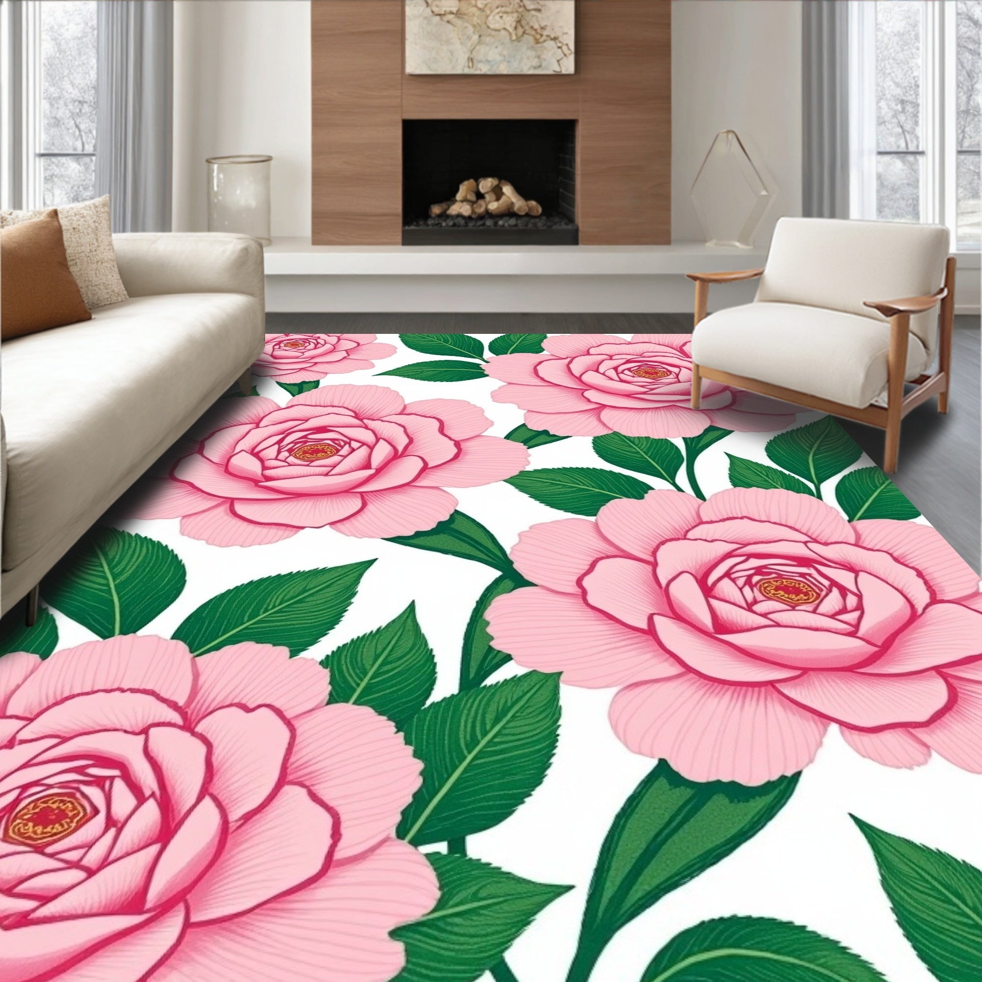 Pink Camellia Floral Pattern Rug
