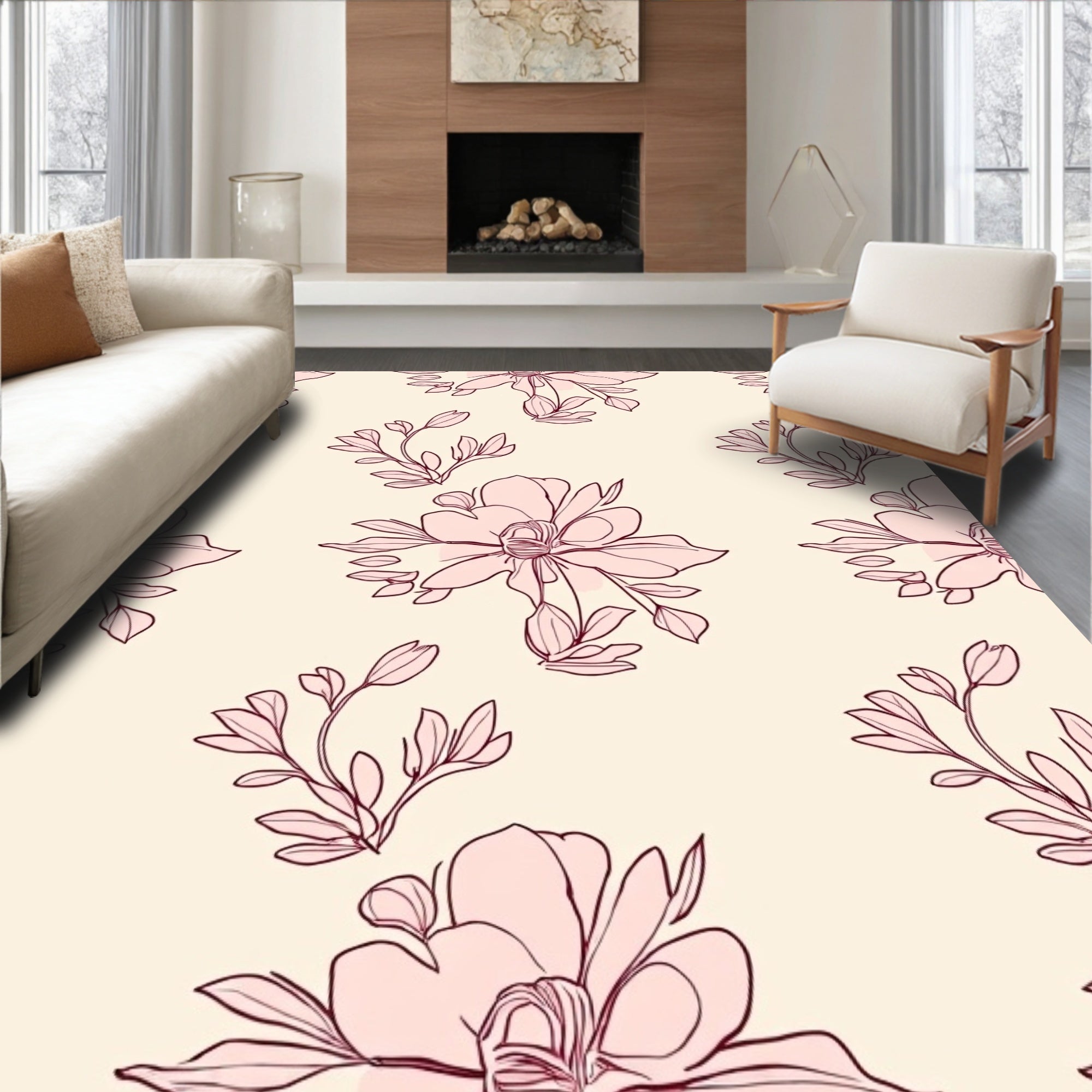 Delicate Pink Floral Outline Print Rug
