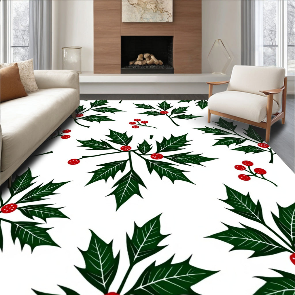 Festive Green Holly Berry Foliage Rug