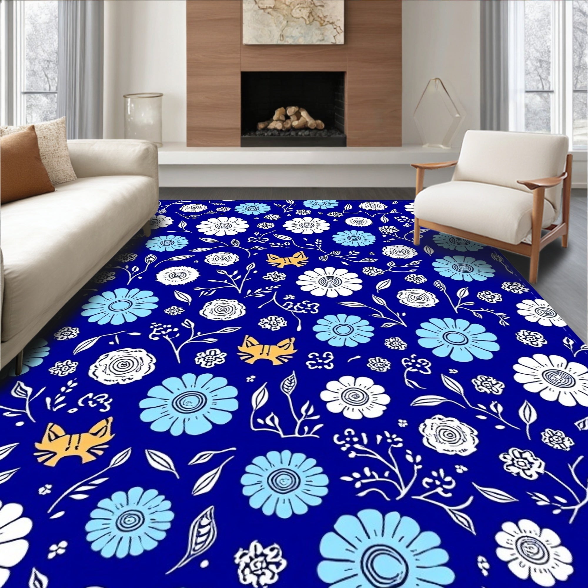 Whimsical Floral Cat Pattern Rug