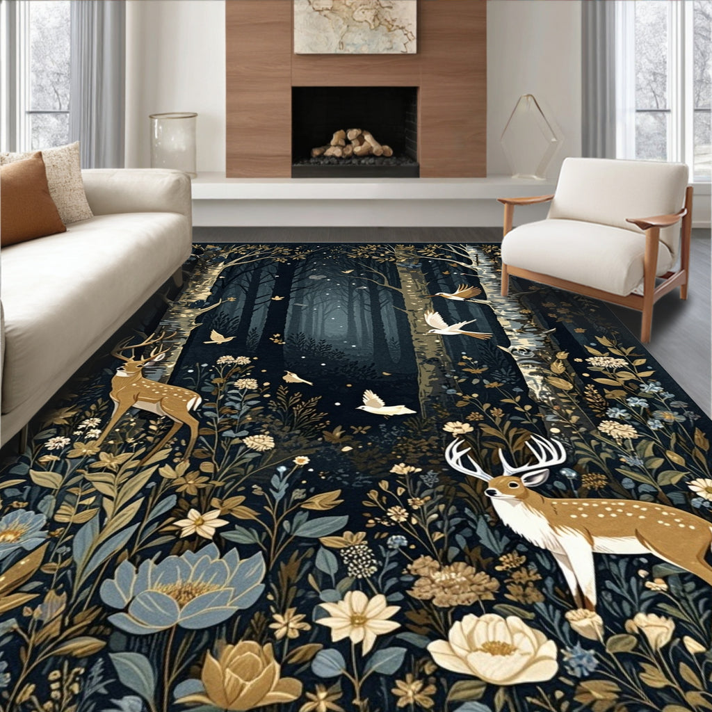 Enchanted Forest Deer Birds Floral Rug