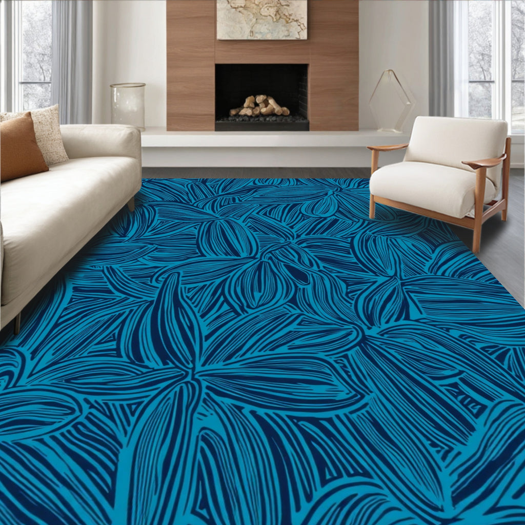 Deep Blue Floral Whimsical Design Rug