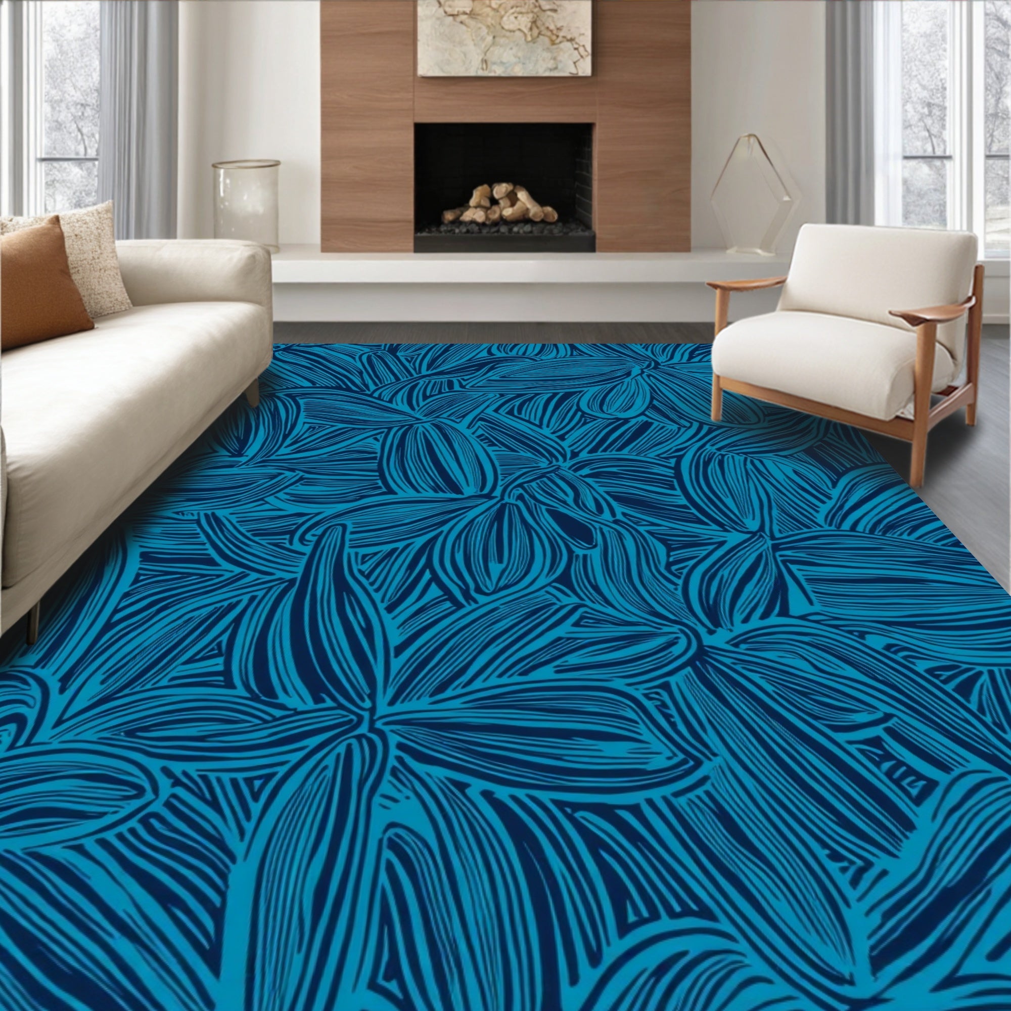 Deep Blue Floral Whimsical Design Rug