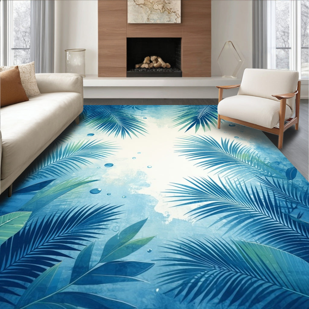 Tropical Blue Palm Leaf Watercolor Design Rug