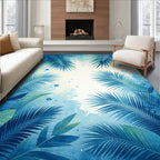 Tropical Blue Palm Leaf Watercolor Design Rug