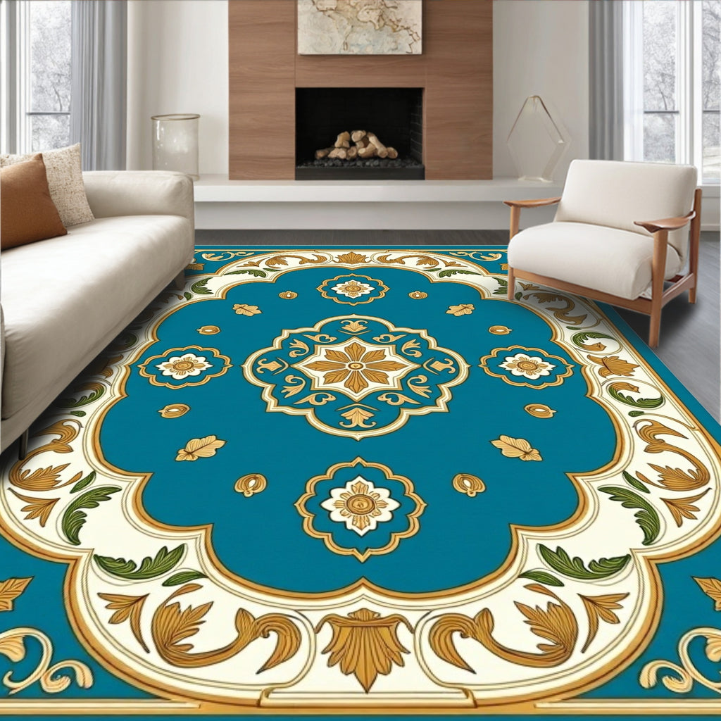 Teal Elegant Floral Medallion Rug