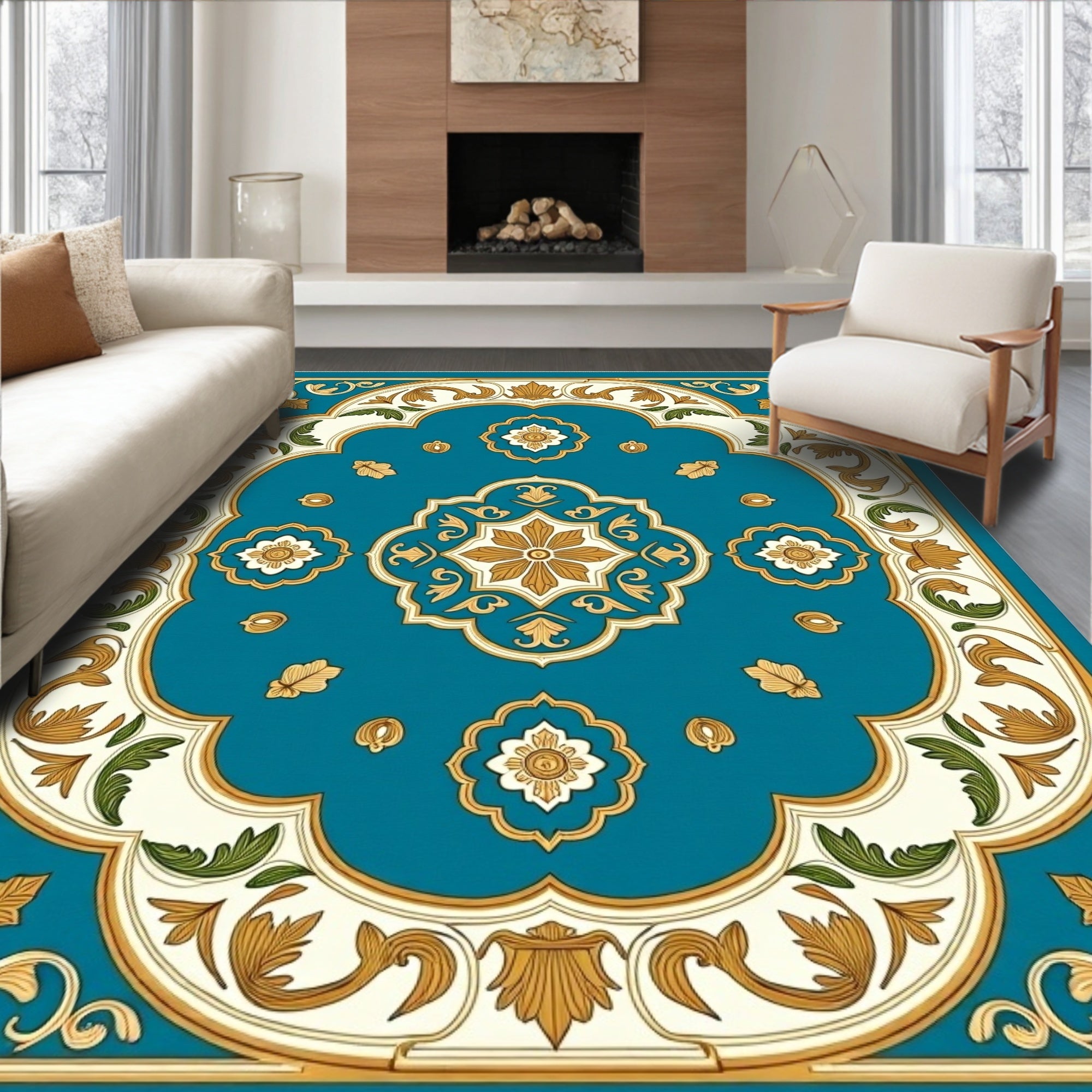 Teal Elegant Floral Medallion Rug