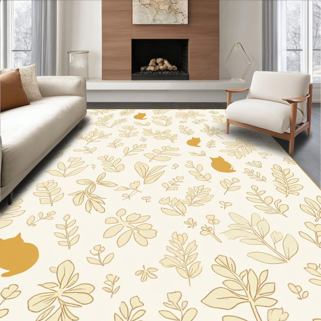 Golden Floral Cat Pattern Rug