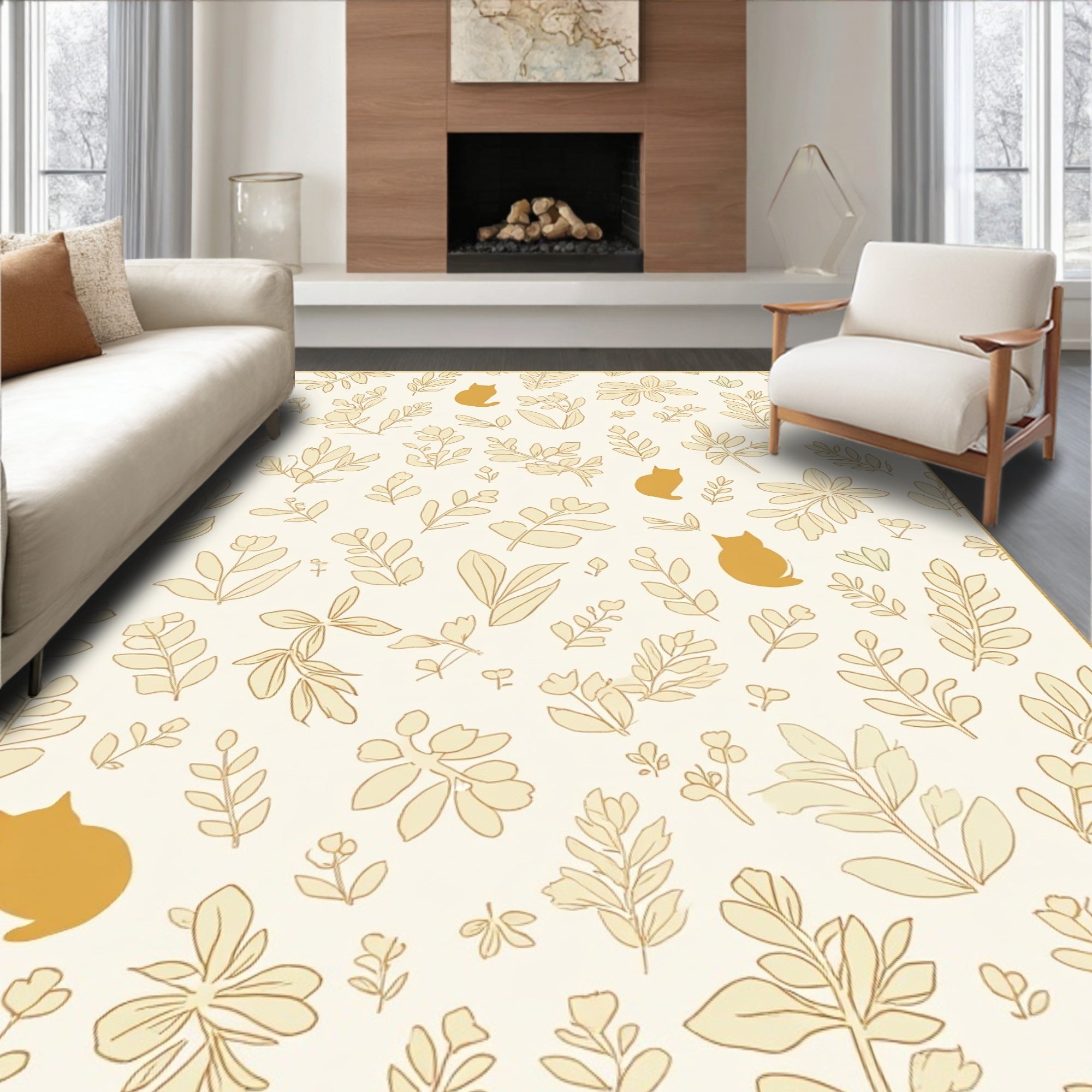 Golden Floral Cat Pattern Rug