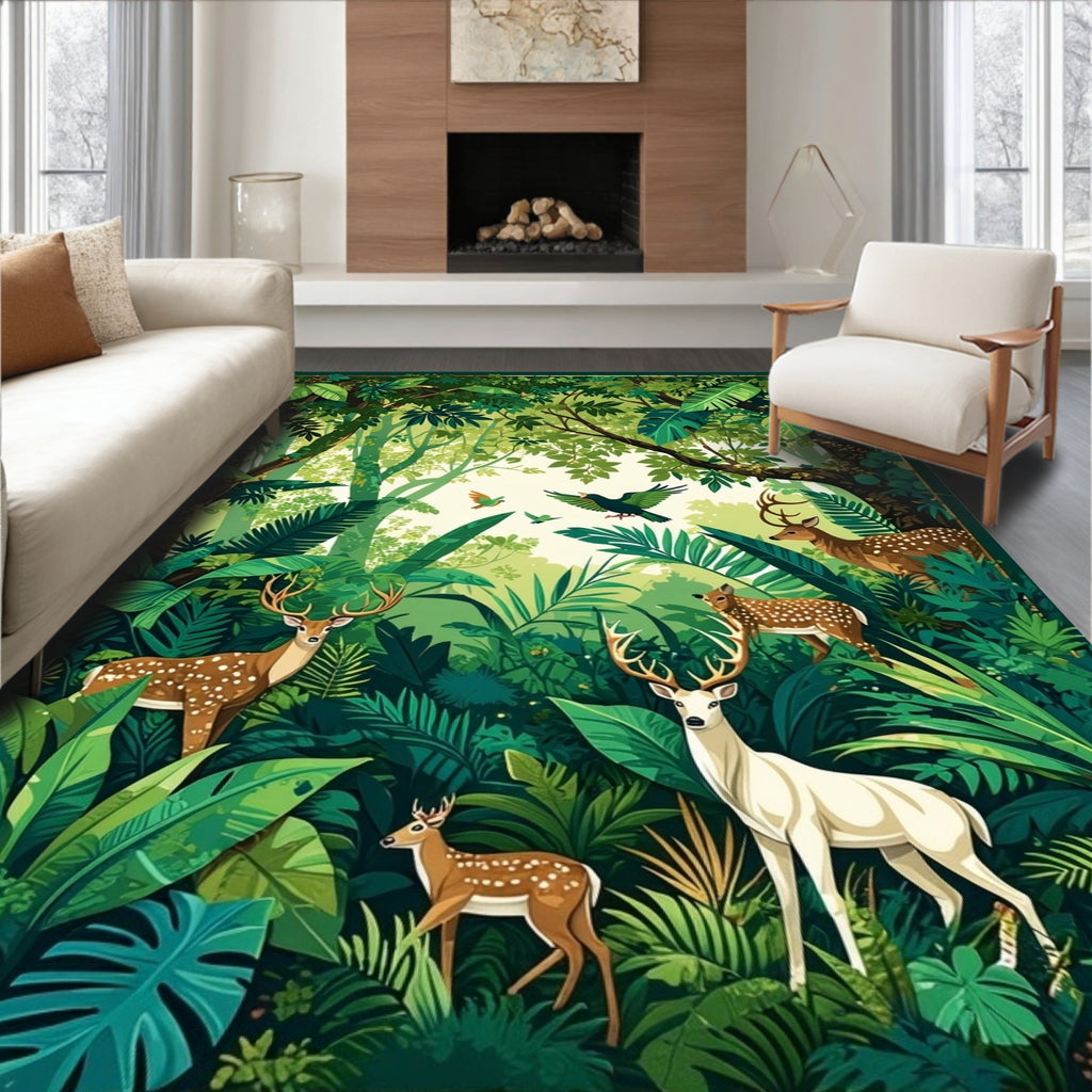 Lush Jungle Woodland Deer Birds Rug