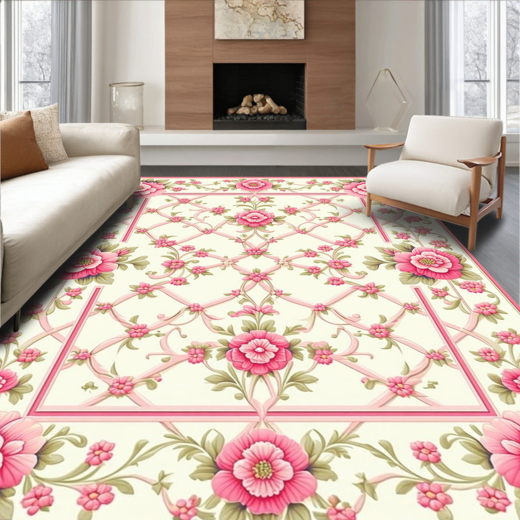 Pink Floral Ribbon Lattice Rug