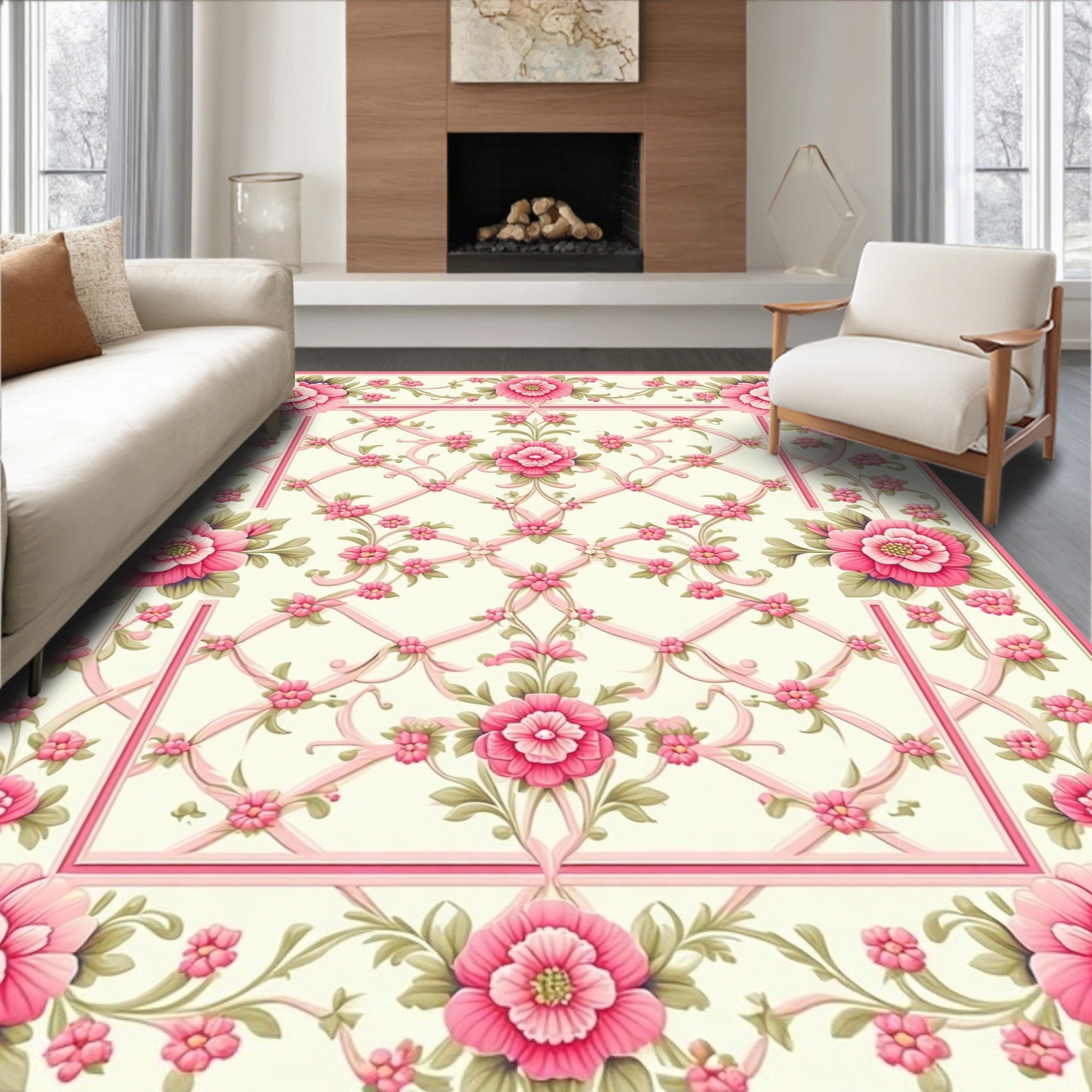 Pink Floral Ribbon Lattice Rug