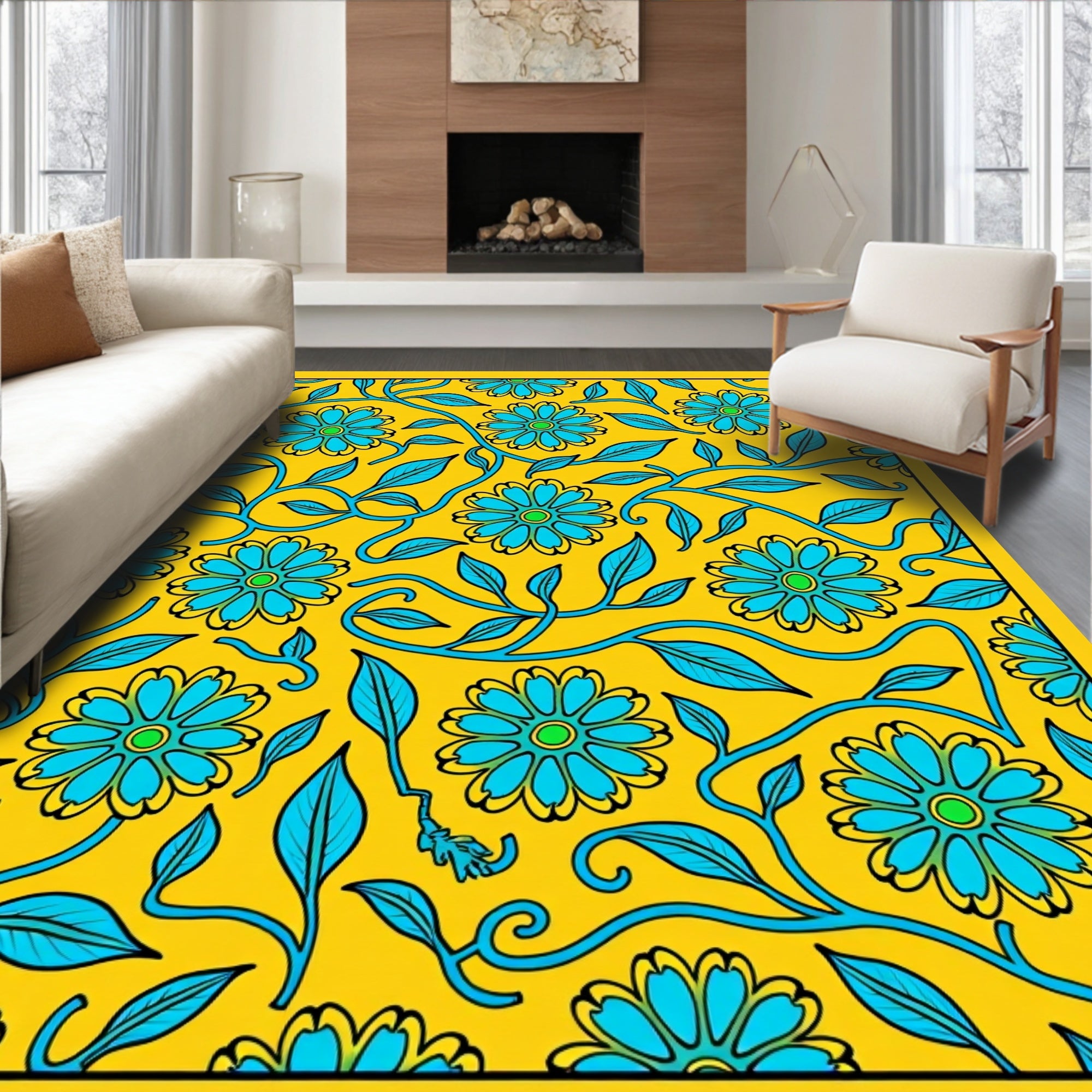 Teal Floral Vine Pattern Rug