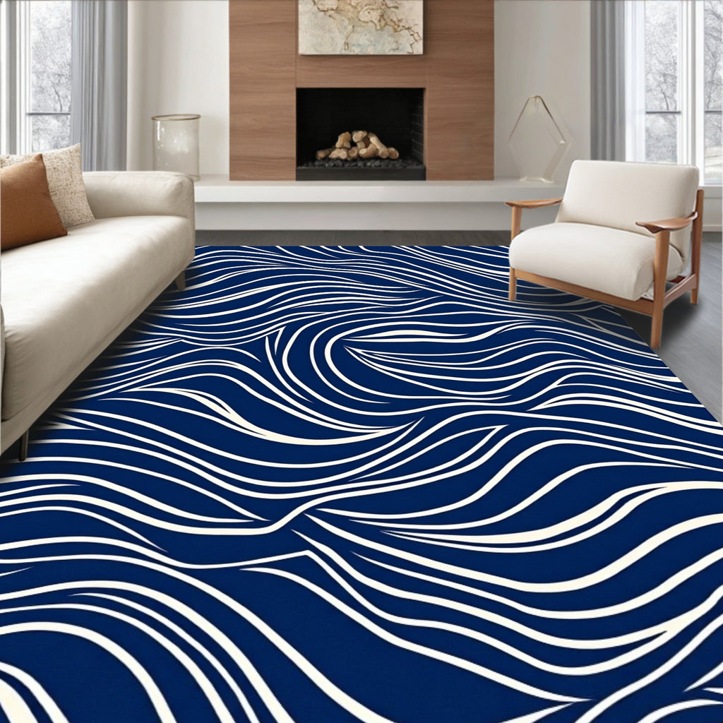Flowing Lines Deep Blue Cream Rug