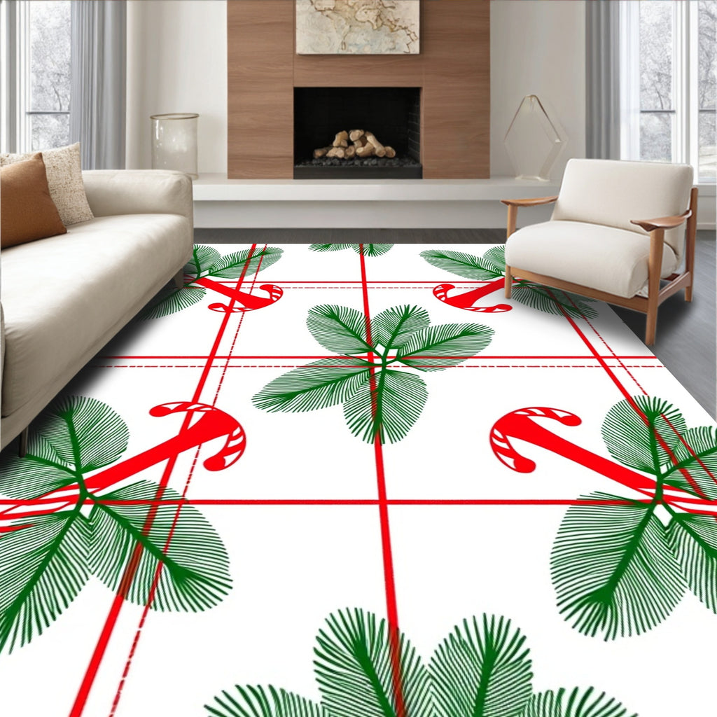 Red Candy Cane Pine Branch Plaid Rug
