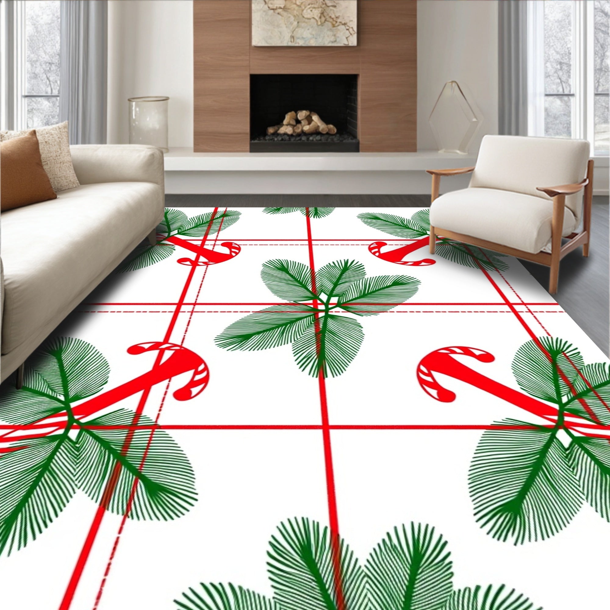 Red Candy Cane Pine Branch Plaid Rug
