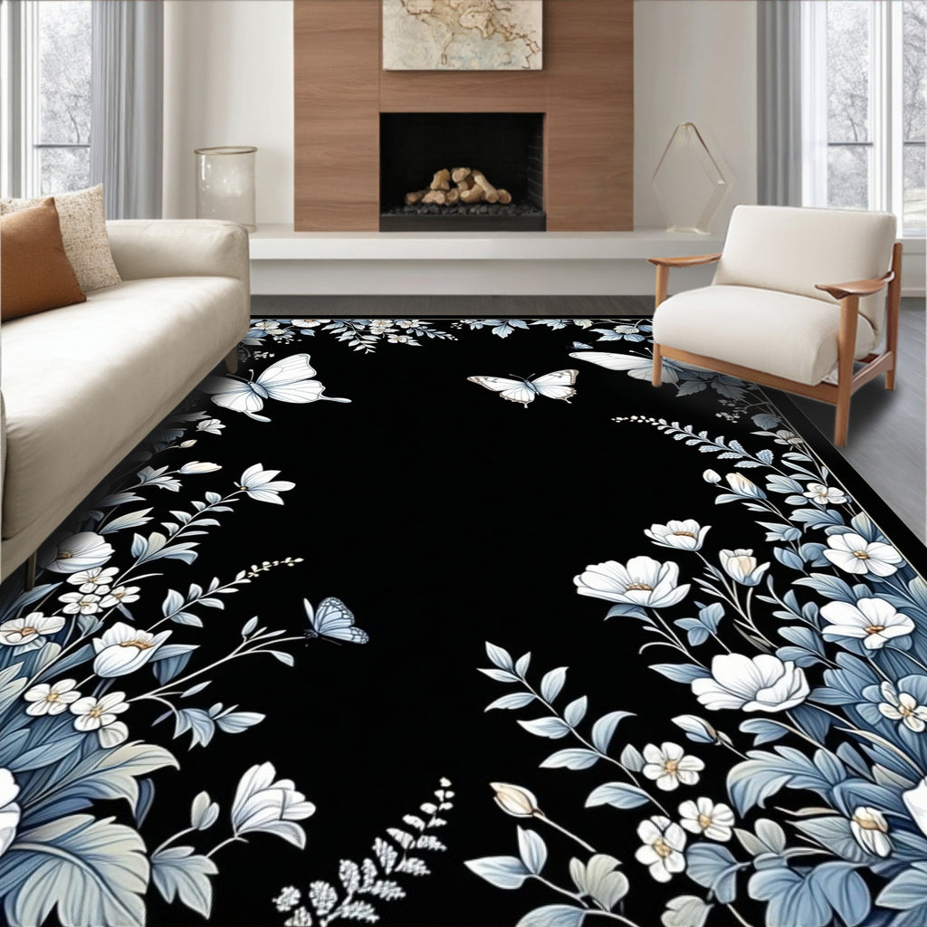 Elegant White Butterfly Floral Pattern Rug